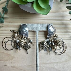 VTG Dangle Earrings 2.75" Southwestern Silver Gold Plate Mixed Charms Beads Boho